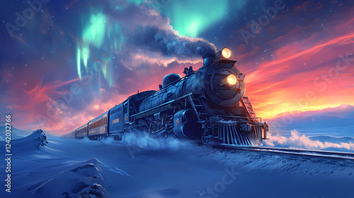 A fantastical wallpaper showing a steam locomotive of the polar express cutting through a snow-covered landscape under the northern lights. Steam & Diesel Punk. Illustration