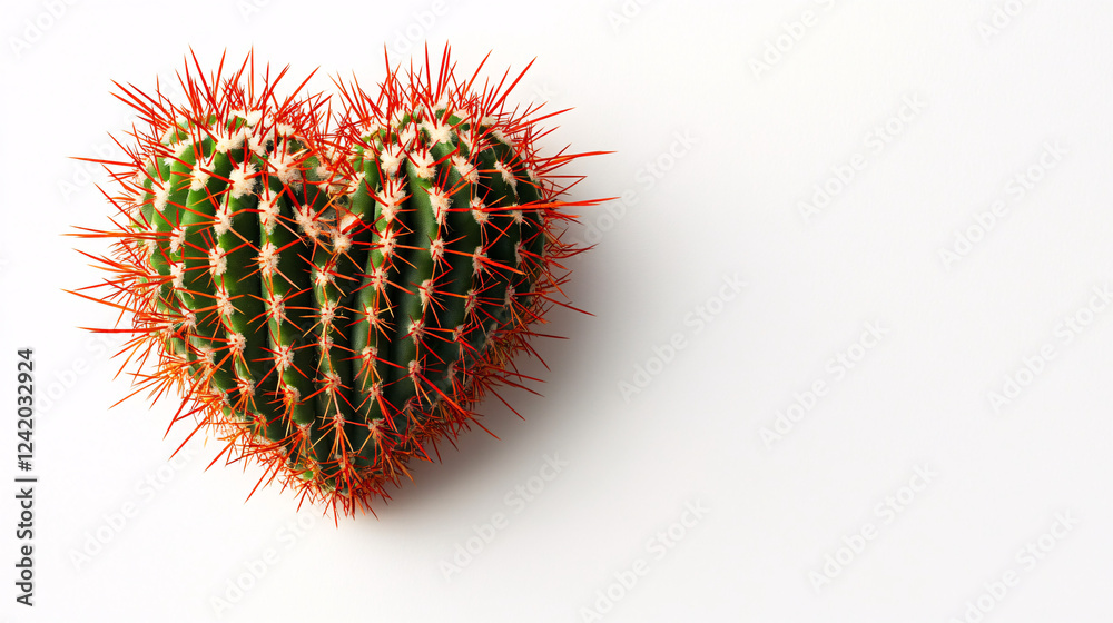 Naklejka premium A heart-shaped cactus with vibrant red thorns displayed on a white background representing love, nature, and resilience