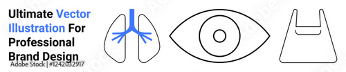 Simple linear icons of human lungs, an eye with a focus ring, and a plastic bag outline. Ideal for medical themes, vision care, environmental issues, health awareness, education, advertising