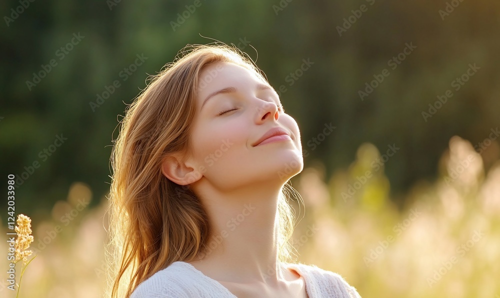 Woman breathes fresh air, sunset field, peaceful nature Woman breathes fresh air, sunset field, peaceful nature