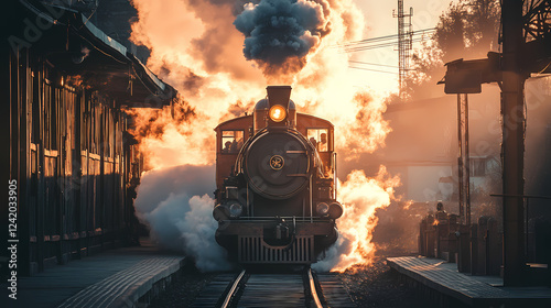 Color stock photo of a classic steam train departing from the station in the early smoke billowing, and passengers waving goodbye, vintage style. Steam & Diesel Punk. Illustration