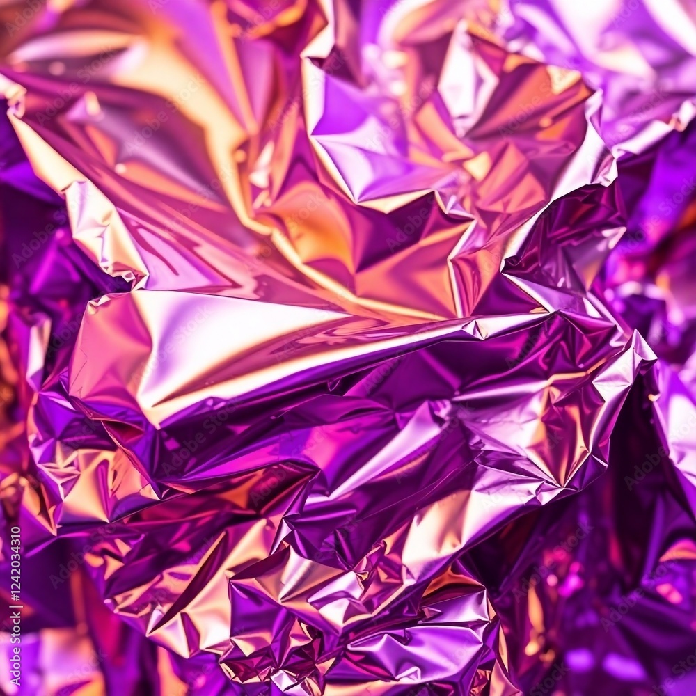 macro image of metallic foil, crumpled folds reflecting silver and gold, deep ultraviolet hues, blurred lines, action poses, vivid purples, high contrast macro image of metallic foil, crumpled folds reflecting silver and gold, deep ultraviolet hues, blurred lines, action poses, vivid purples, high contrast