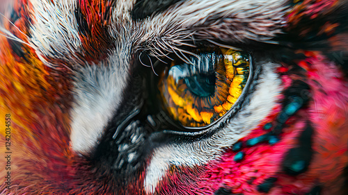 Vivid artistic interpretation of a tiger's face with bold colors and expressive eyes photo