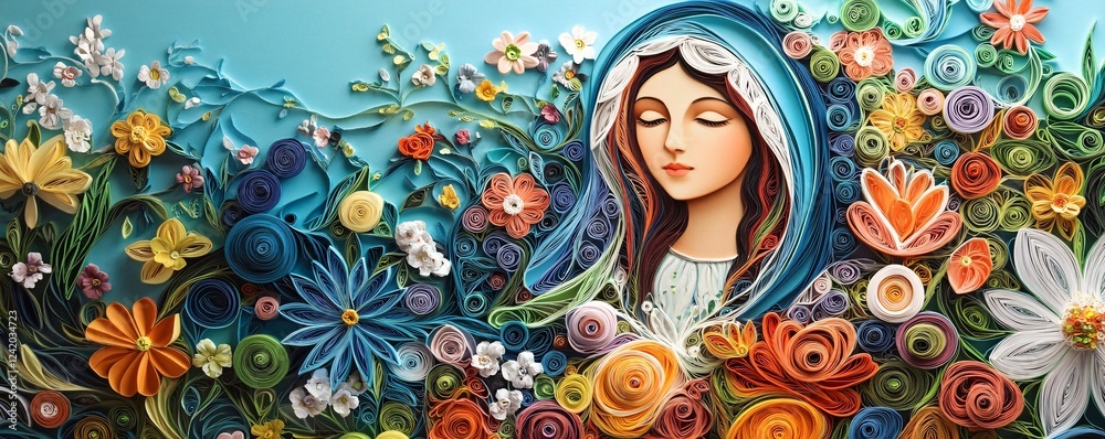 Quilling art depicting virgin mary surrounded by colorful paper flowers on blue background Quilling art depicting virgin mary surrounded by colorful paper flowers on blue background