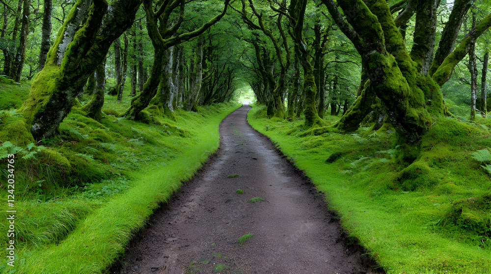 Mossy path through arching trees in Scotland; peaceful nature scene for travel brochures