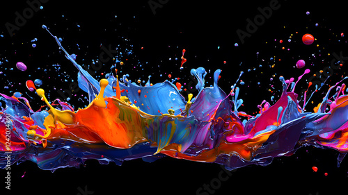 Vibrant colorful paint splash with dynamic motion on a black background