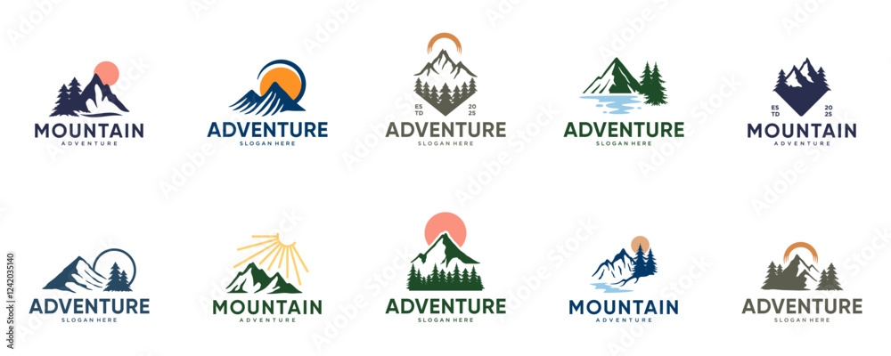 Fototapeta premium collection of logos of mountain explorers, backpackers, nature adventurers, graphic design templates.