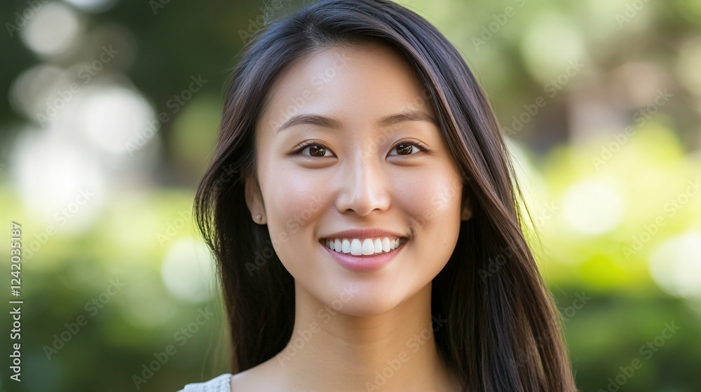 Smiling woman, park background, portrait, website use Smiling woman, park background, portrait, website use