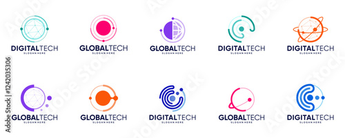 collection of global logos of technology, digital connection services, databases, science, design vector illustration.