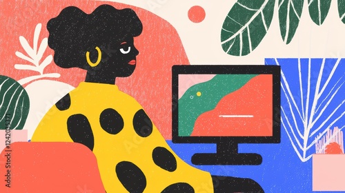 Woman with Natural Hair Sitting in Front of Computer in Bright Room