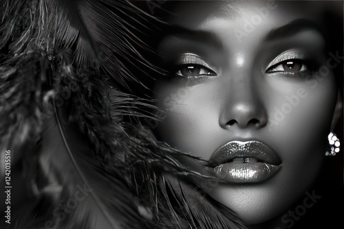 Elegant black and white portrait featuring a striking close-up of a woman's face with captivating eyes and glossy lips.