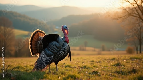 A Turkey Standing in a Grassy Field With Trees in the Background - Generative AI