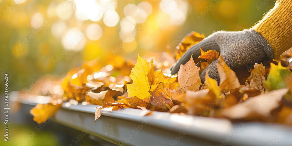 Man cleaning leaves from a roof gutter in autumn, seasonal roof maintenance, removal of fallen leaves. Man cleaning leaves from a roof gutter in autumn, seasonal roof maintenance, removal of fallen leaves.