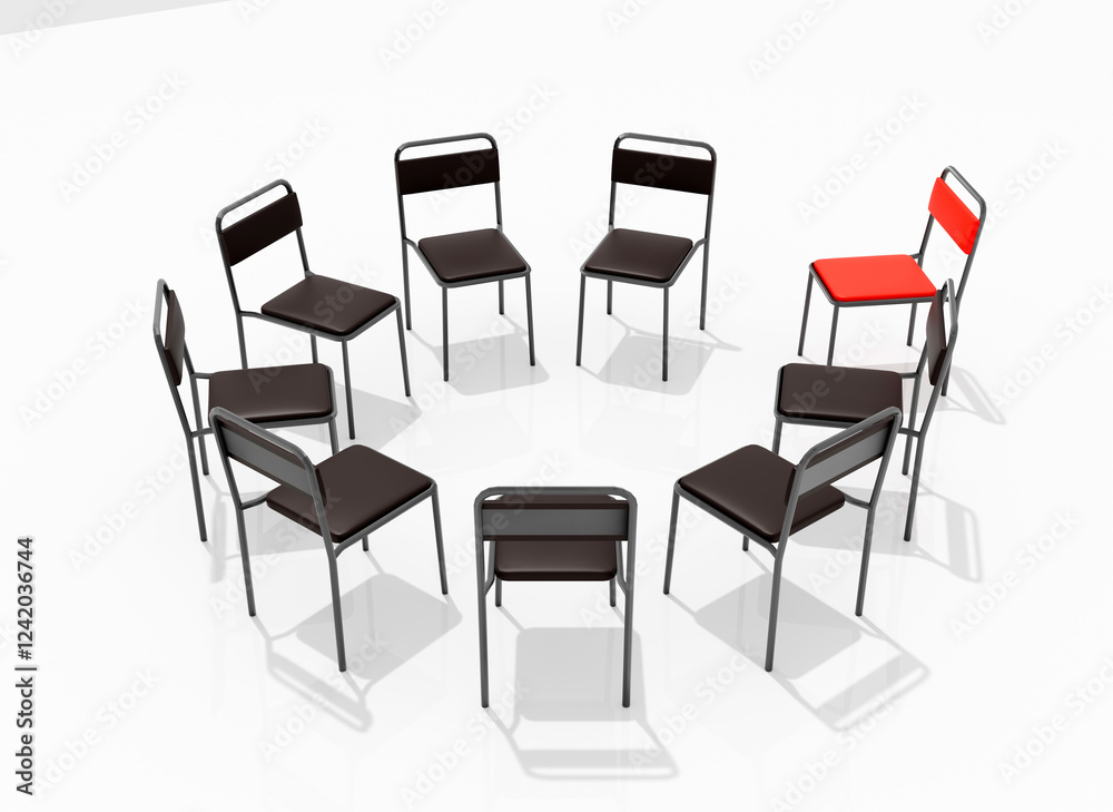 Obraz premium Highly Detailed 3D Render of a Support Group Meeting Setting, Featuring an Intimate Circle of Chairs in a Calm, Minimalistic Environment, Perfect for Concepts of Mental Health and Emotional Support
