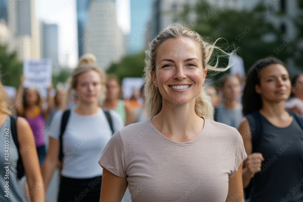 A joyful young woman leads a group march, smiling and united, representing the spirit of community, purpose, and collective goals through peaceful protest. A joyful young woman leads a group march, smiling and united, representing the spirit of community, purpose, and collective goals through peaceful protest.