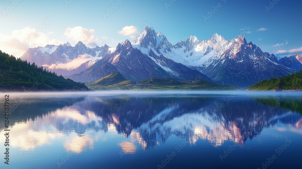 Fototapeta premium A mountain range is reflected in the water