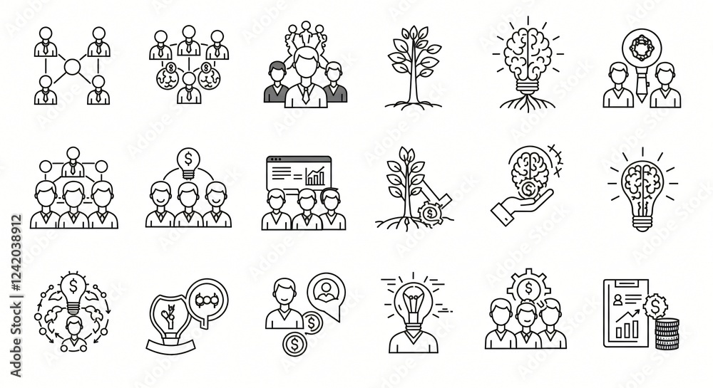 Icon sets for business themes like teamwork, growth, and innovation Icon sets for business themes like teamwork, growth, and innovation