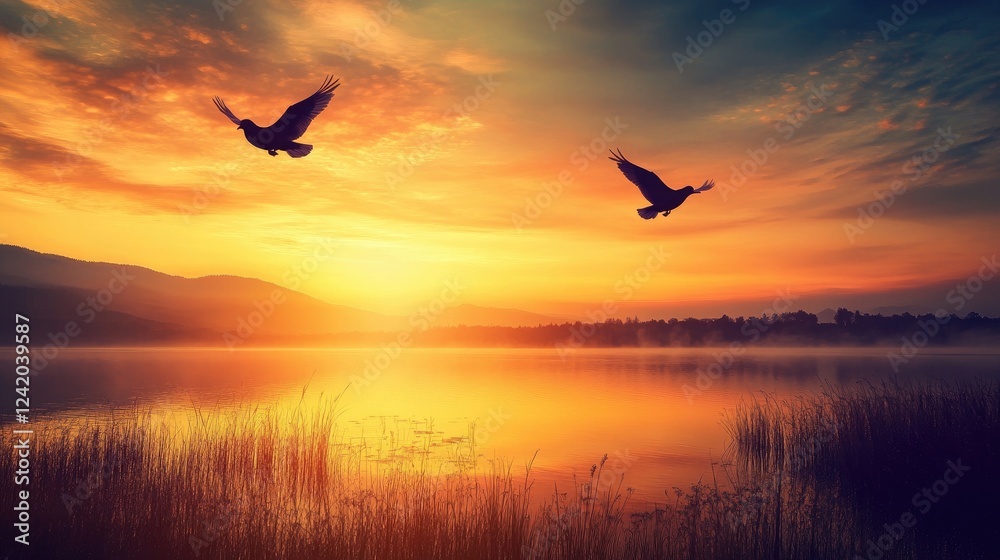 Fototapeta premium An enchanting image of two doves soaring high above a tranquil lake at sunset, their silhouettes contrasting against the warm colors of the evening sky
