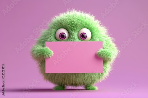 A charming, small, illustrated fantasy green creature grasping a blank paper, ideal for writing text or a title. A baby monster from a children's fairy tale. Stock photo