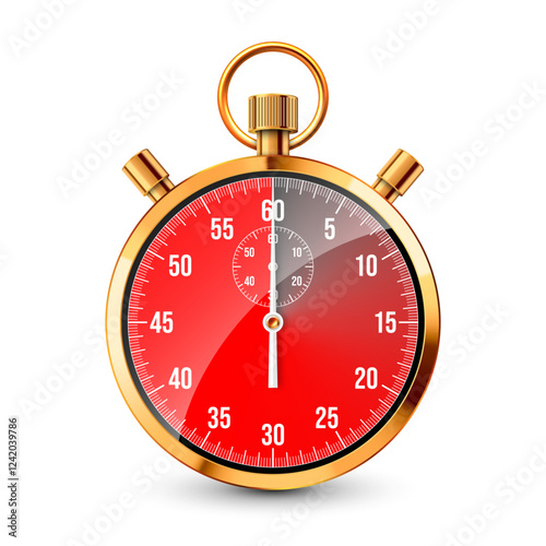 Realistic classic stopwatch. Shiny golden metal chronometer, time counter with dial. Red countdown timer showing minutes and seconds. Time measurement for sport, start, finish. Vector illustration