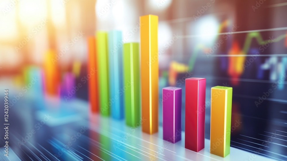 A D bar graph with tall, colorful bars on a white surface, each casting shadows to create depth, representing financial growth and data analysis A D bar graph with tall, colorful bars on a white surface, each casting shadows to create depth, representing financial growth and data analysis