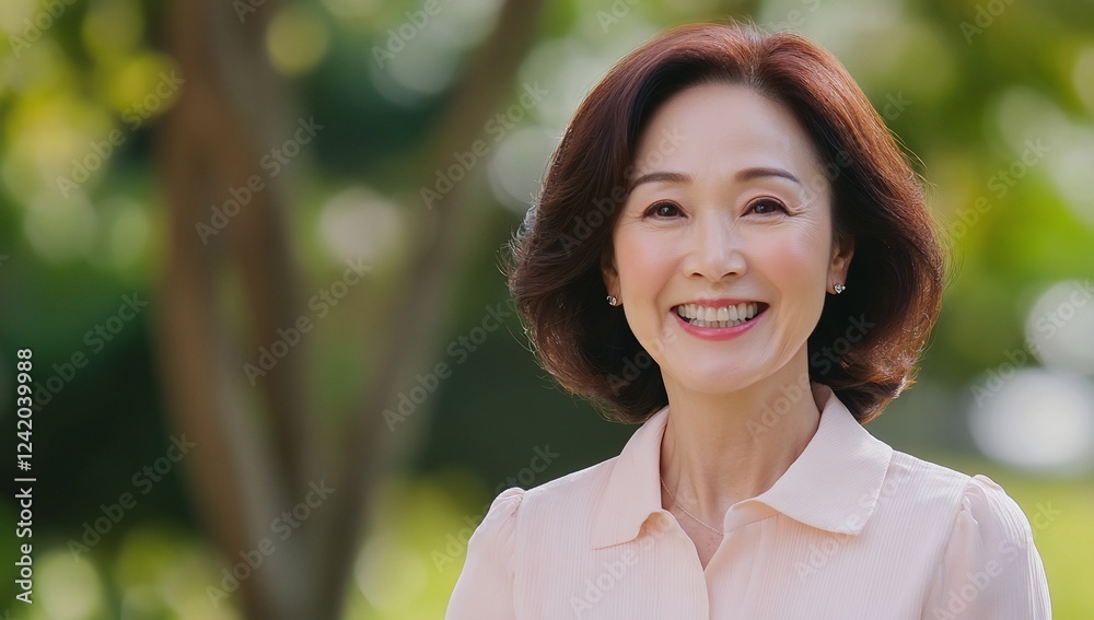 Happy mature woman smiling outdoors, park background Happy mature woman smiling outdoors, park background