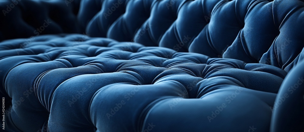 Obraz premium Luxurious blue velvet tufted sofa showcasing intricate texture and craftsmanship in a modern living room