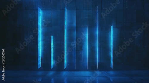 A bar graph with vibrant blue bars against a dark grid background, each bar casting a faint glow to emphasize individual data points photo