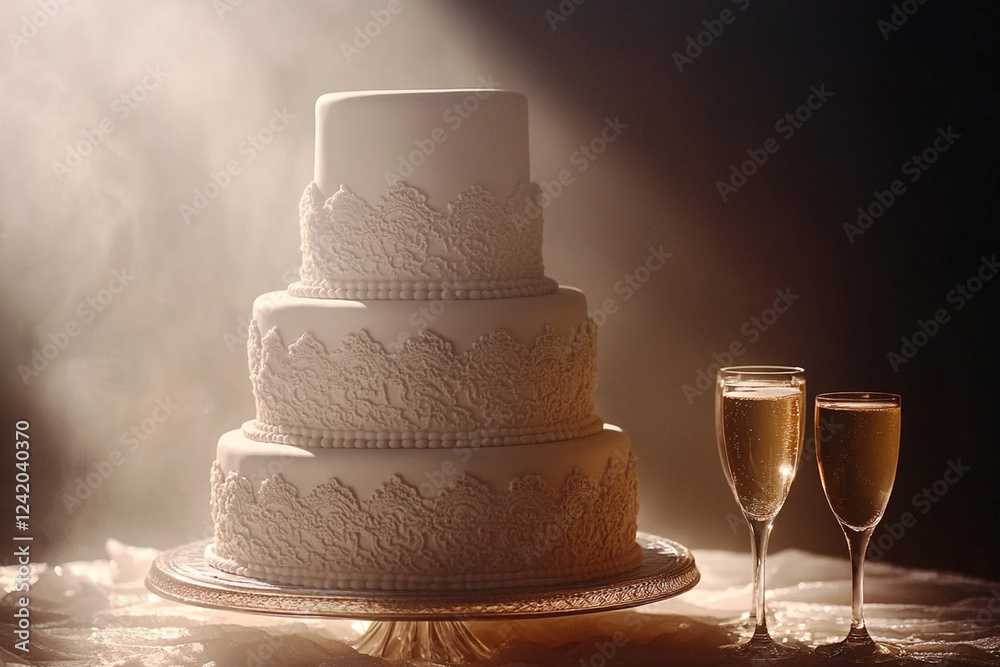 Elegant three-tiered wedding cake with delicate floral decorations and gold-accented details, placed on a luxurious banquet table with champagne glasses in the background Elegant three-tiered wedding cake with delicate floral decorations and gold-accented details, placed on a luxurious banquet table with champagne glasses in the background