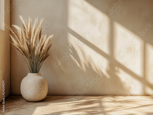 Pampas grass in ceramic vase with soft shadows