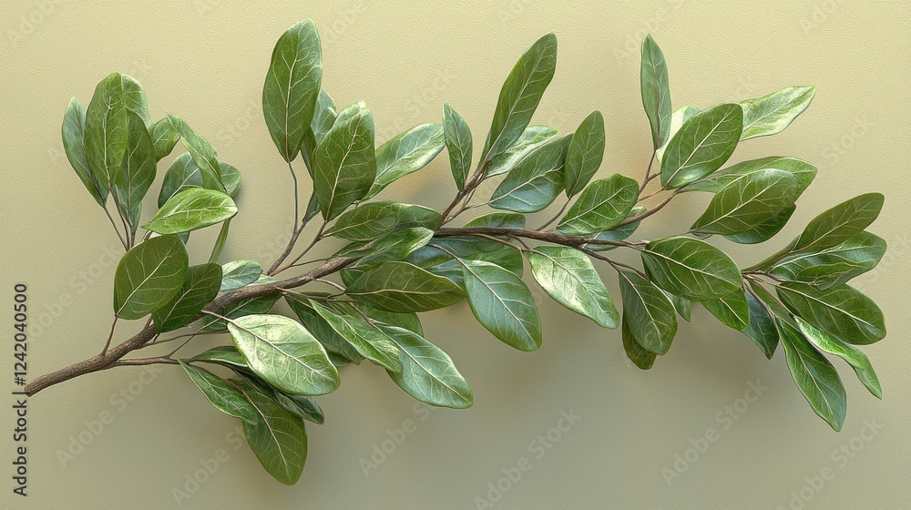 Naklejka premium Green branch, leaves, studio, pastel background, nature design