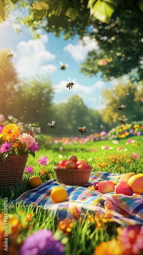 Vibrant summer garden with colorful flowers and a picnic spread under bright sunlight