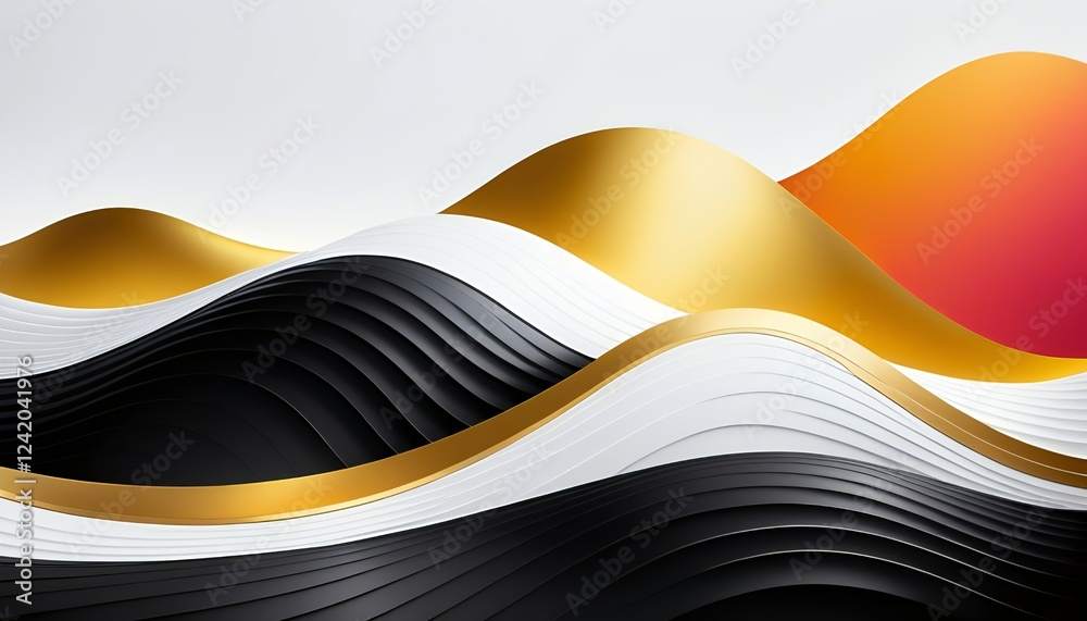 Fototapeta premium Abstract wavy design featuring flowing layers in black, white, gold, and orange, creating a dynamic visual composition.