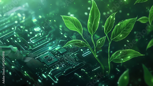 Generative ai illustration of digitally created image of ree with foliage growing from a circuit board illustrating the concept of technology. Technology & Nature Fusion. Illustration photo