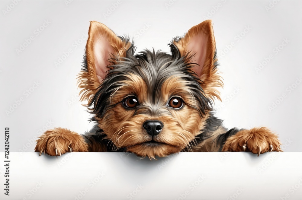 Cute adorable domestic curious pet dog animal puppy with its paws peeking over a white surface, photorealistic illustration on isolated background texture design.
Cute adorable domestic curious pet dog animal puppy with its paws peeking over a white surface, photorealistic illustration on isolated background texture design.
