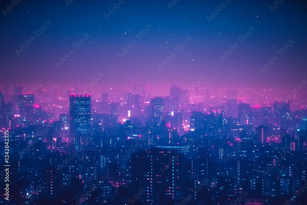 Fototapeta premium City skyline at night with pink and blue neon lights