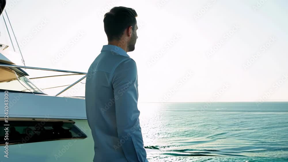 Caucasian man in formal attire enjoying luxurious yacht cruise on sunny day. concept of nautical adventure, ocean view leisure, elegant lifestyle, relaxation. Caucasian man in formal attire enjoying luxurious yacht cruise on sunny day. concept of nautical adventure, ocean view leisure, elegant lifestyle, relaxation.