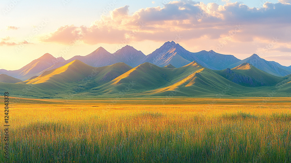 Naklejka premium Stunning landscape of evolving rolling landforms beneath a vibrant, shifting sunset sky. Symbolizes nature's dynamic transformation, resilience, and the endless flow of time and change.