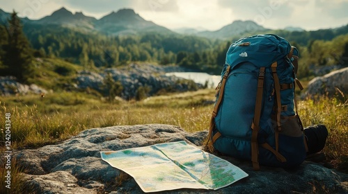 Backpacking adventure, close-up of backpack and map, scenic trail in background
