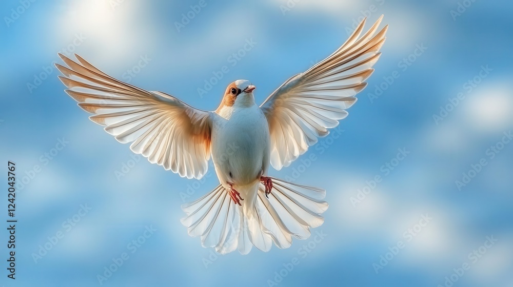 Bird flying in sky, close-up of wings in motion, soft clouds in the background Bird flying in sky, close-up of wings in motion, soft clouds in the background