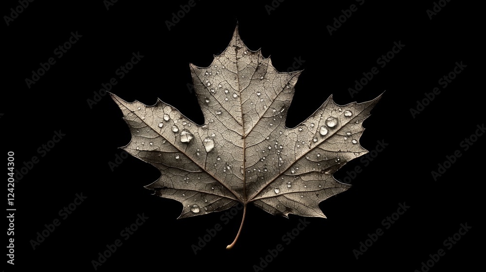 A serene image of a single leaf on a dark background, with water droplets delicately perched on its edge, emphasizing simplicity and tranquility A serene image of a single leaf on a dark background, with water droplets delicately perched on its edge, emphasizing simplicity and tranquility