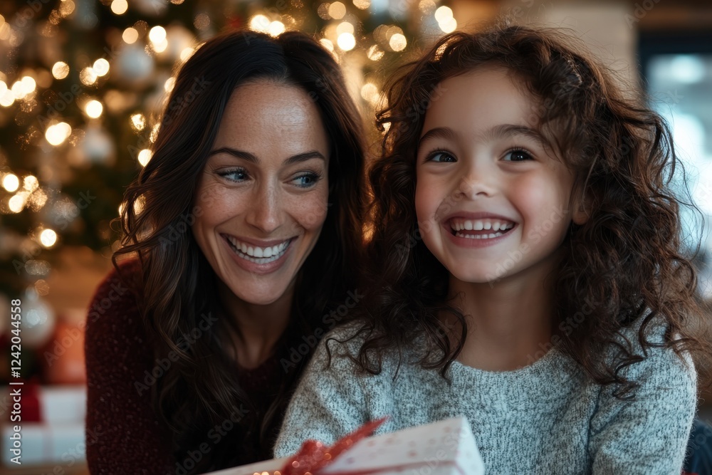 A happy mother and her daughter are sharing a moment of joy as they celebrate Christmas, surrounded by a beautifully decorated tree and warm holiday atmosphere. A happy mother and her daughter are sharing a moment of joy as they celebrate Christmas, surrounded by a beautifully decorated tree and warm holiday atmosphere.