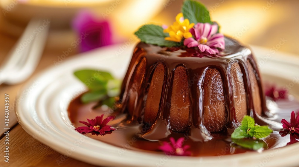 A stunning shot of an elegant chocolate dessert plated with a drizzle of sauce, garnished with mint leaves and edible flowers, creating a gourmet experience A stunning shot of an elegant chocolate dessert plated with a drizzle of sauce, garnished with mint leaves and edible flowers, creating a gourmet experience