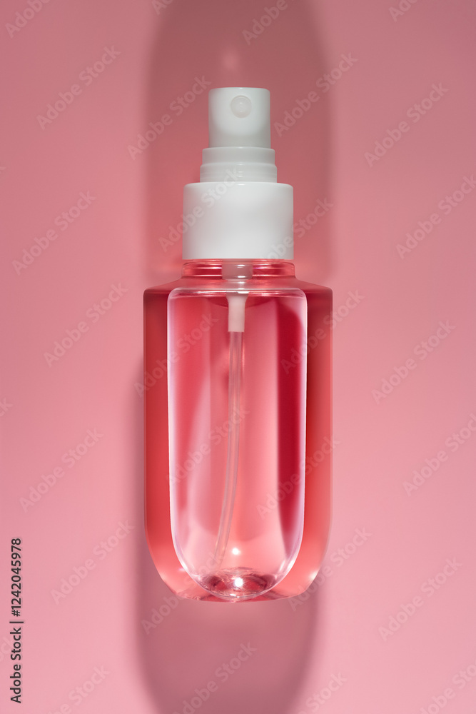 Mockup of transparent Jar with dispenser for soap, lotion, beauty care products on pink background Mockup of transparent Jar with dispenser for soap, lotion, beauty care products on pink background