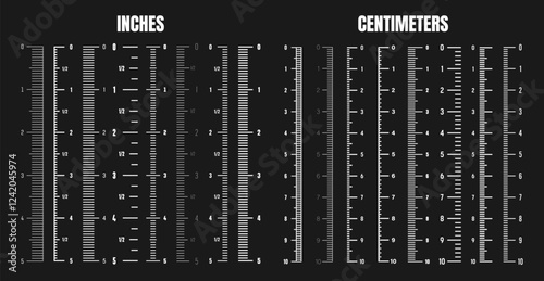 Vertical centimeter and inch scale for measuring length or height. Various measurement scales with divisions. Ruler, tape measure marks, size indicators. Vector illustration