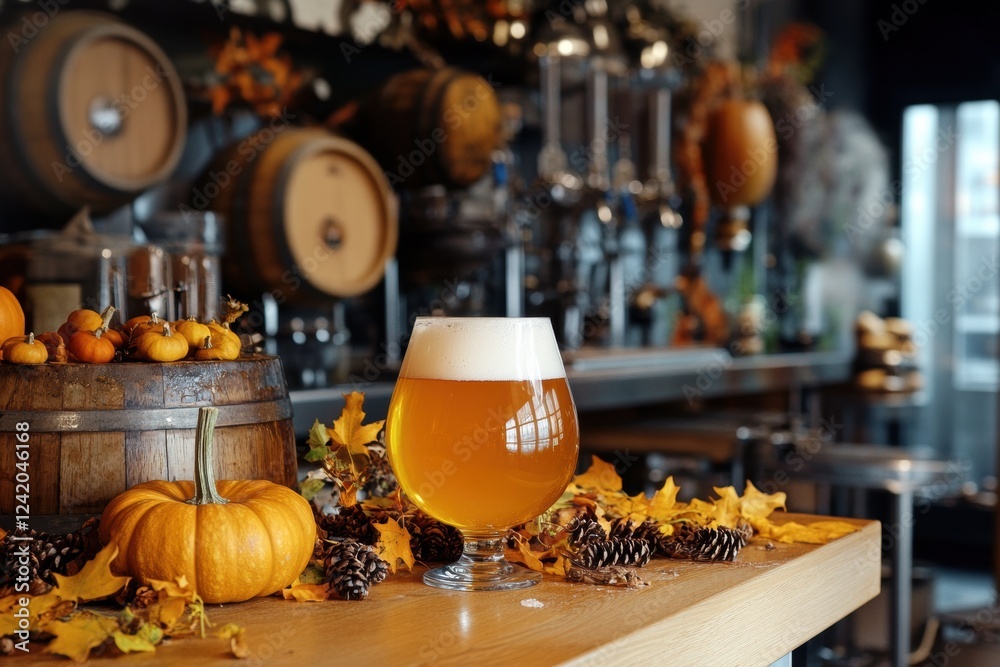 Obraz premium Brewing seasonal beer in a cozy brewery with autumn decor and pumpkins