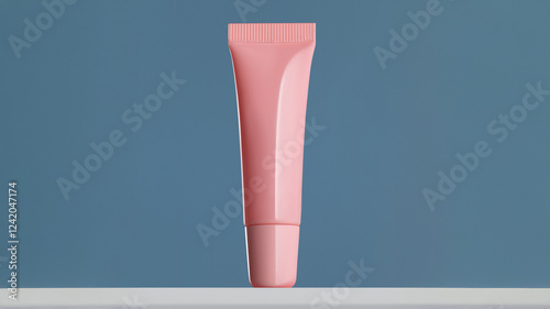 Mockup of a pink plastic tube for cream, lip gloss and other cosmetic grooming products on a blue background