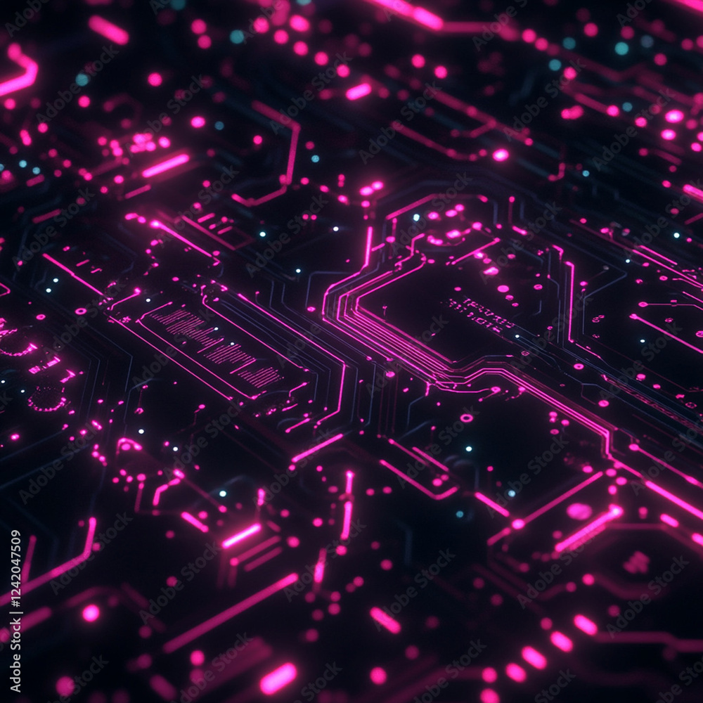 Obraz premium Futuristic glowing pink digital circuit board pattern intricately designed with neon lines and geometric nodes, set against a deep black background, symbolizing modern technology