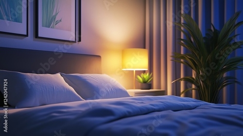 A hotel room features a well-made bed with crisp linens