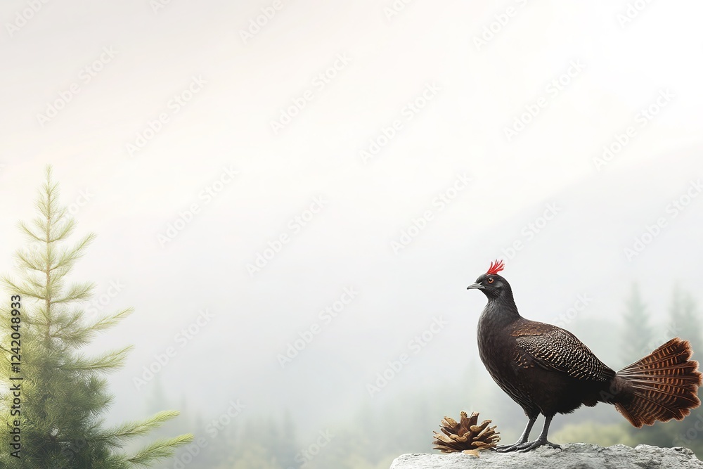 A dark brown bird with a red crest stands on a rock A dark brown bird with a red crest stands on a rock